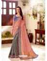 Peach And Grey Soft Silk Thread Embroidered Designer Saree