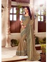 Beige Silk Satin Thread Embroidered Designer Saree