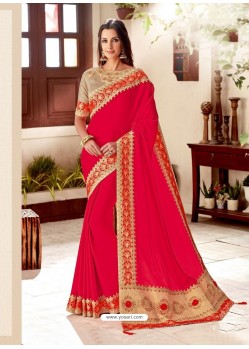 Red Silk Satin Thread Embroidered Designer Saree