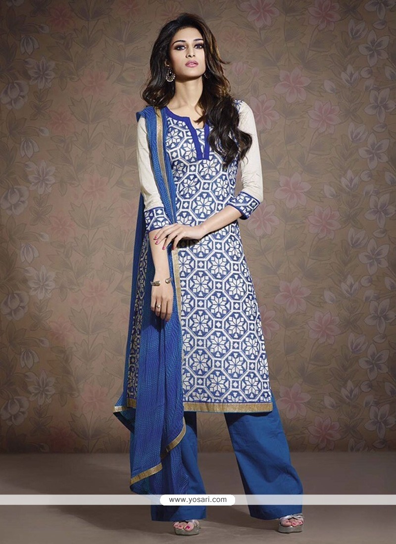 Flashy White And Blue Chanderi Salwar Suit