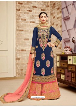 Navy And Peach Faux Georgette Heavy Embroidered Sarara Suit