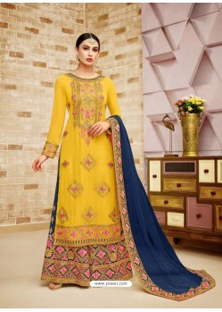 Yellow Faux Georgette Heavy Embroidered Sarara Suit