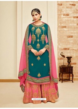 Teal And Pink Faux Georgette Heavy Embroidered Sarara Suit