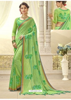 Parrot Green Silk Resham Work Designer Saree