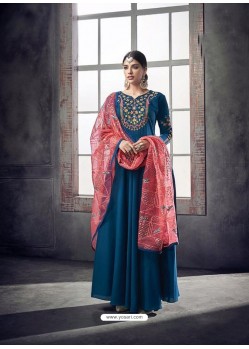 Teal Blue Muslin Embroidered Floor Length Suit