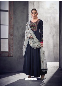 Navy Blue Muslin Embroidered Floor Length Suit