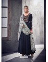 Navy Blue Muslin Embroidered Floor Length Suit