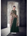 Dark Green Muslin Embroidered Floor Length Suit