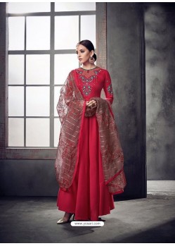 Red Muslin Embroidered Floor Length Suit
