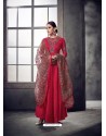 Red Muslin Embroidered Floor Length Suit