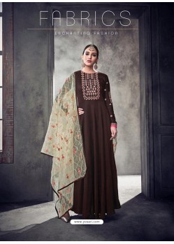 Coffee Brown Muslin Embroidered Floor Length Suit