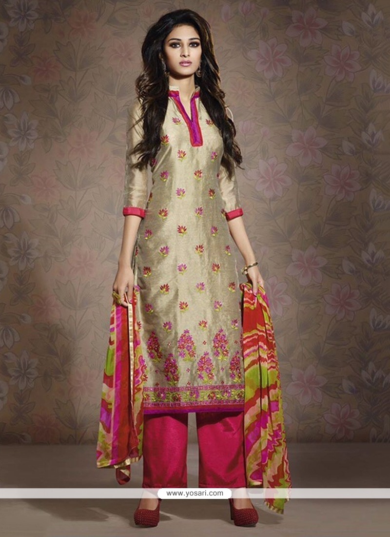 Glorious Beige And Pink Chanderi Salwar Suit