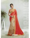 Red And Cream Georgette Silk Stone Embroidered Party Wear Saree