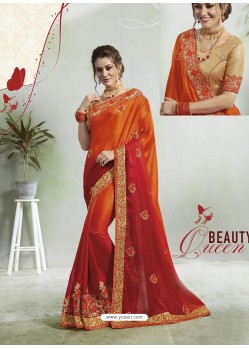 Orange And Red Rangoli Georgette Stone Embroidered Party Wear Saree