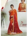 Orange And Red Rangoli Georgette Stone Embroidered Party Wear Saree