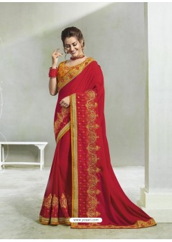 Red Chinon Silk Stone Embroidered Party Wear Saree