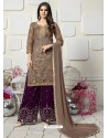 Light Brown And Purple Organza Heavy Embroidered Plazzo Suit