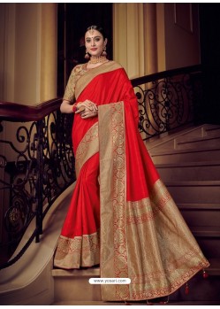 Red Silk Jacquard Pallu Work Designer Saree