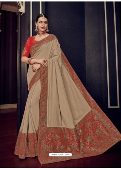 Beige Silk Jacquard Pallu Work Designer Saree