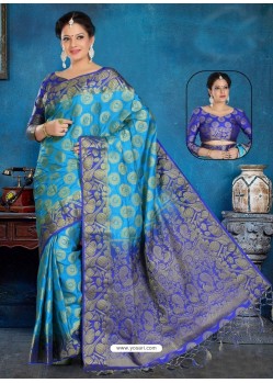 Turquoise Art Silk Jacquard Worked Designer Saree