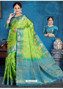 Parrot Green Art Silk Jacquard Worked Designer Saree