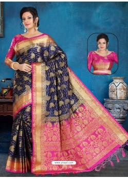 Navy Blue Art Silk Jacquard Worked Designer Saree