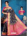 Navy Blue Art Silk Jacquard Worked Designer Saree