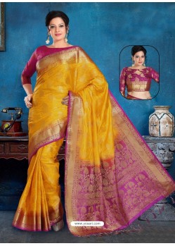 Yellow Art Silk Jacquard Worked Designer Saree