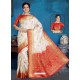 Off White And Red Art Silk Jacquard Worked Designer Saree