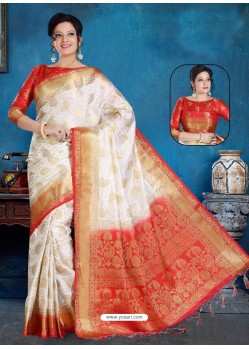 Off White And Red Art Silk Jacquard Worked Designer Saree