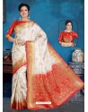 Off White And Red Art Silk Jacquard Worked Designer Saree