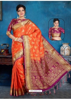 Orange And Magenta Art Silk Jacquard Worked Designer Saree