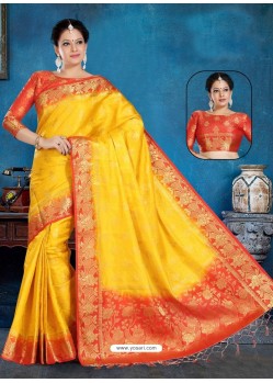 Yellow And Red Art Silk Jacquard Worked Designer Saree