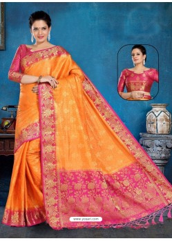 Orange And Rani Art Silk Jacquard Worked Designer Saree
