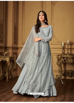 Light Grey Banarasi Silk Designer Anarkali Suit