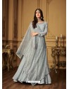 Light Grey Banarasi Silk Designer Anarkali Suit