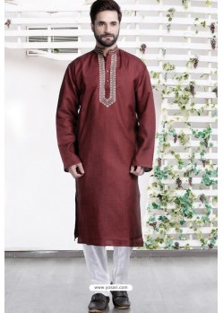 Maroon Cotton Polyester Embroidered Readymade Kurta Pajama