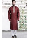 Maroon Cotton Polyester Embroidered Readymade Kurta Pajama