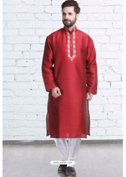 Red Art Silk Embroidered Readymade Kurta Pajama