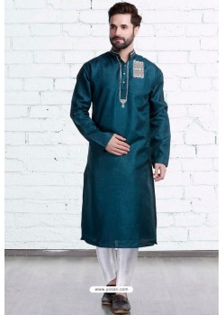 Tealblue Cotton Polyester Embroidered Readymade Kurta Pajama