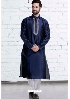 Navy Blue Art Silk Embroidered Readymade Kurta Pajama