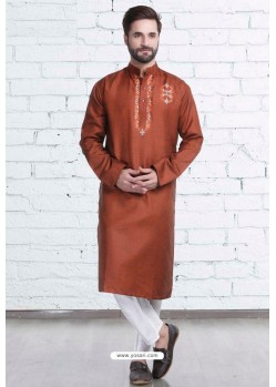 Rust Cotton Polyester Embroidered Readymade Kurta Pajama