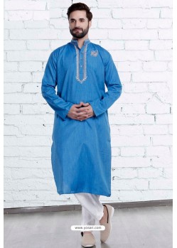 Blue Cotton Polyester Embroidered Readymade Kurta Pajama