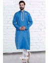 Blue Cotton Polyester Embroidered Readymade Kurta Pajama