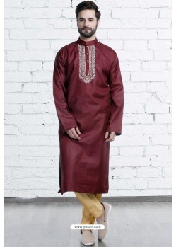 Wine Cotton Polyester Embroidered Readymade Kurta Pajama