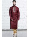 Wine Cotton Polyester Embroidered Readymade Kurta Pajama