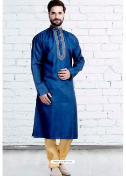 Royal Blue Cotton Polyester Embroidered Readymade Kurta Pajama