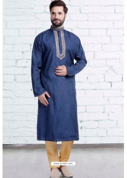 Dark Blue Cotton Polyester Embroidered Readymade Kurta Pajama