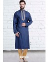 Dark Blue Cotton Polyester Embroidered Readymade Kurta Pajama