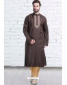 Coffee Cotton Polyester Embroidered Readymade Kurta Pajama